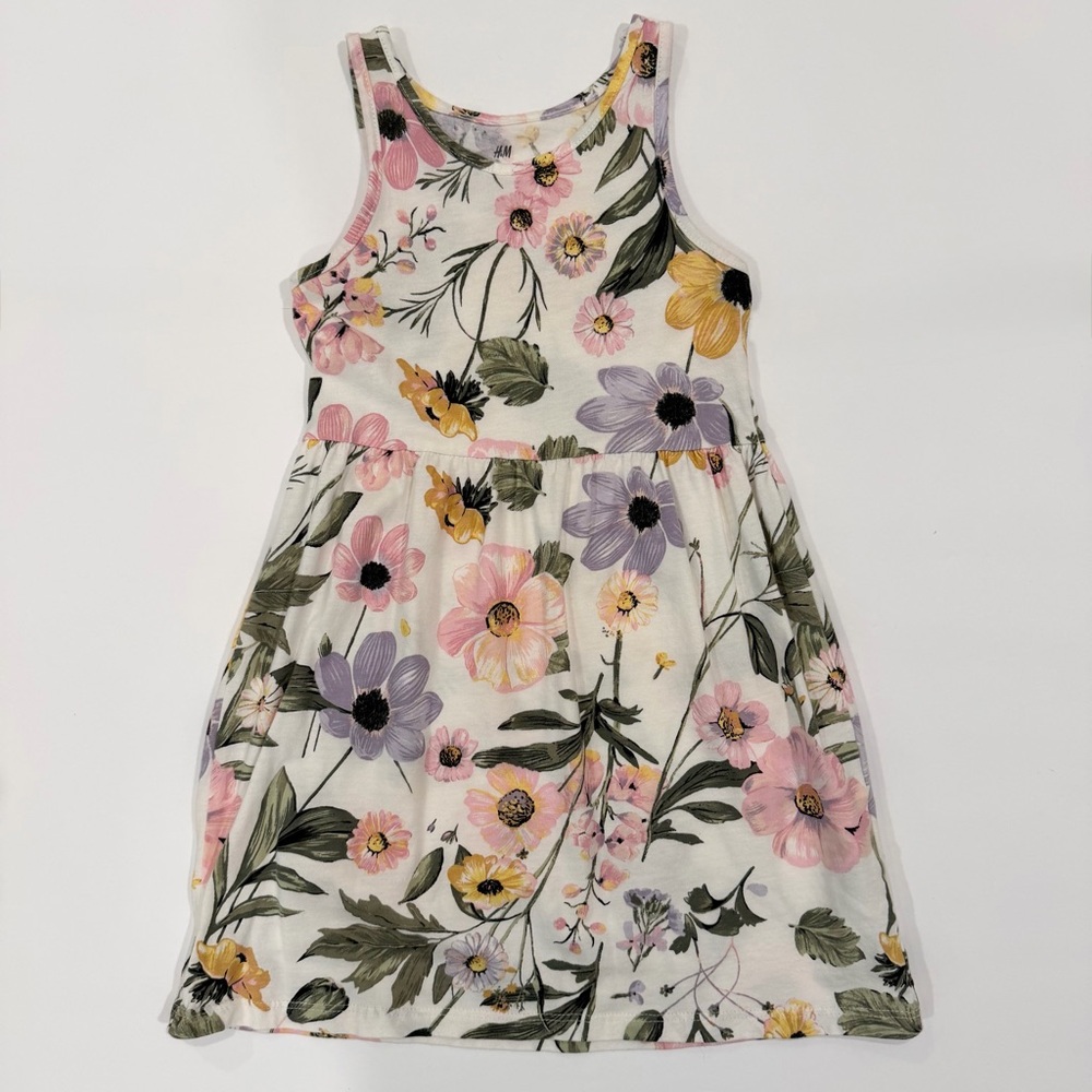 H&M White Floral Tank Dress with Pink, Lavender & Yellow Blooms - 3/4T